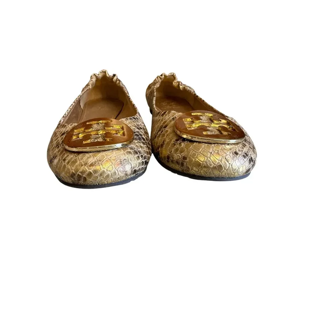 Tory Burch Reva Snake Python Print Ballet Flats Metallic Gold  7